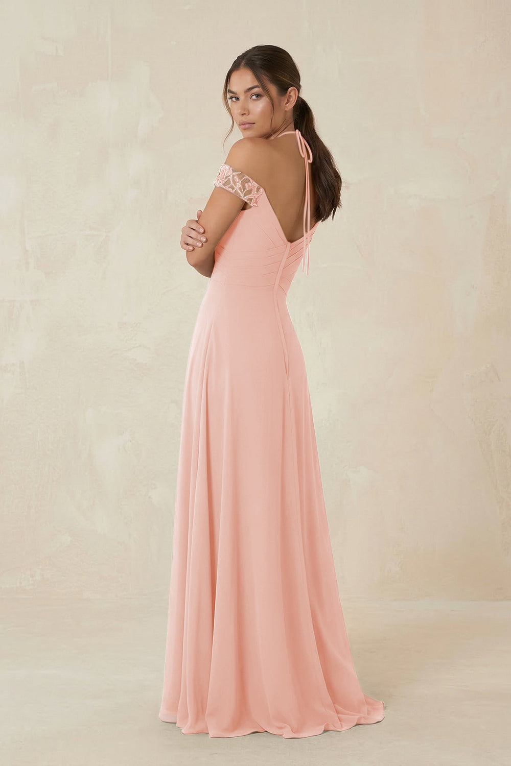 A-Line Off-the-Shoulder Chiffon Bridesmaid Dress in Rose Petal - KissProm BRIDESMAID DRESSES