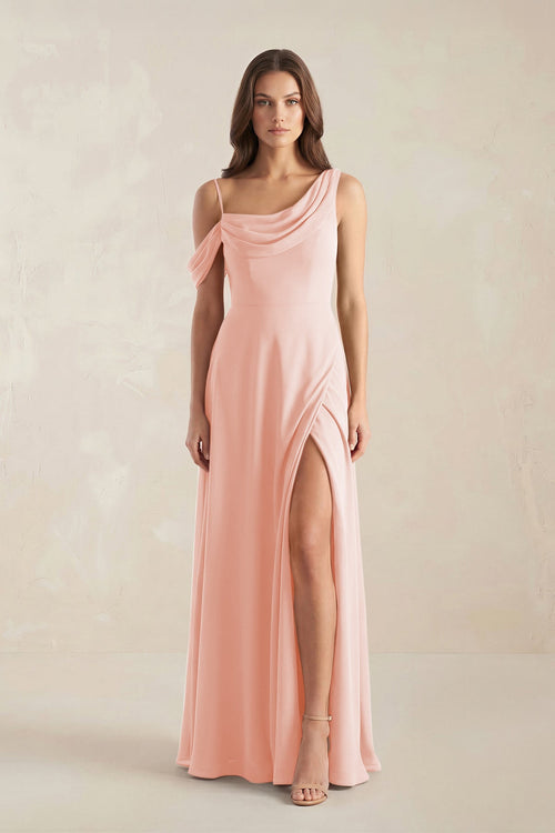 One-Shoulder Chiffon A-Line Bridesmaid Dress in Rose Petal - KissProm BRIDESMAID DRESSES