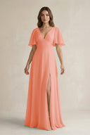 Flutter Sleeve V-Neck A-Line Chiffon Bridesmaid Dress in Rosette