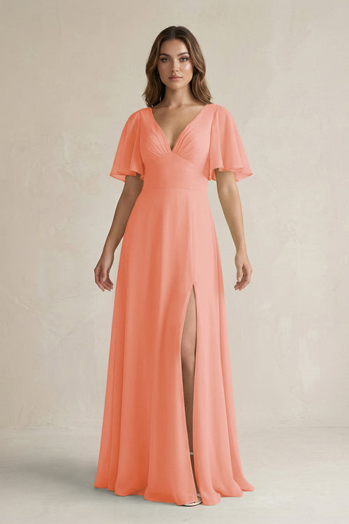 Flutter Sleeve V-Neck A-Line Chiffon Bridesmaid Dress in Rosette
