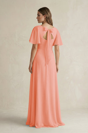 Flutter Sleeve V-Neck A-Line Chiffon Bridesmaid Dress in Rosette