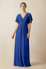 Short Sleeve V-Neck Chiffon A-Line Bridesmaid Dress in Royal Blue - KissProm BRIDESMAID DRESSES