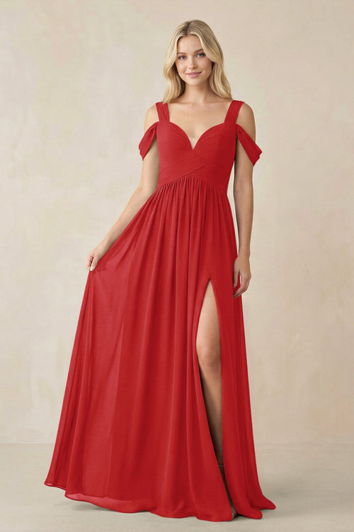 Chiffon A-Line Bridesmaid Dress with Slit  in Ruby Red - KissProm BRIDESMAID DRESSES