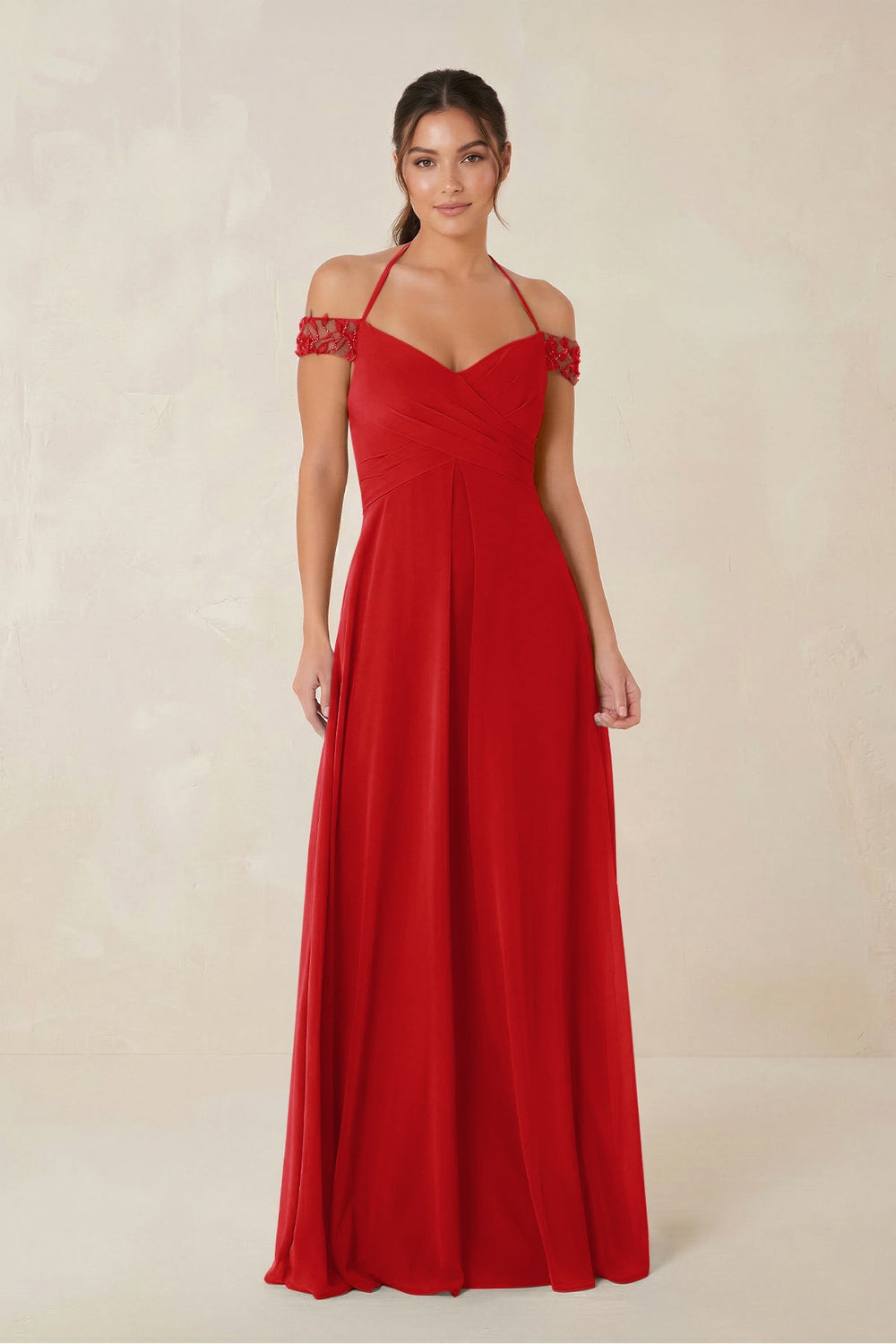 A-Line Off-the-Shoulder Chiffon Bridesmaid Dress in Ruby Red - KissProm BRIDESMAID DRESSES