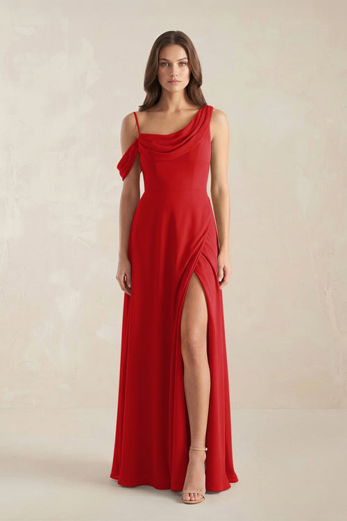 One-Shoulder Chiffon A-Line Bridesmaid Dress in Ruby Red One-Shoulder Chiffon A-Line Bridesmaid Dress in Ruby Red