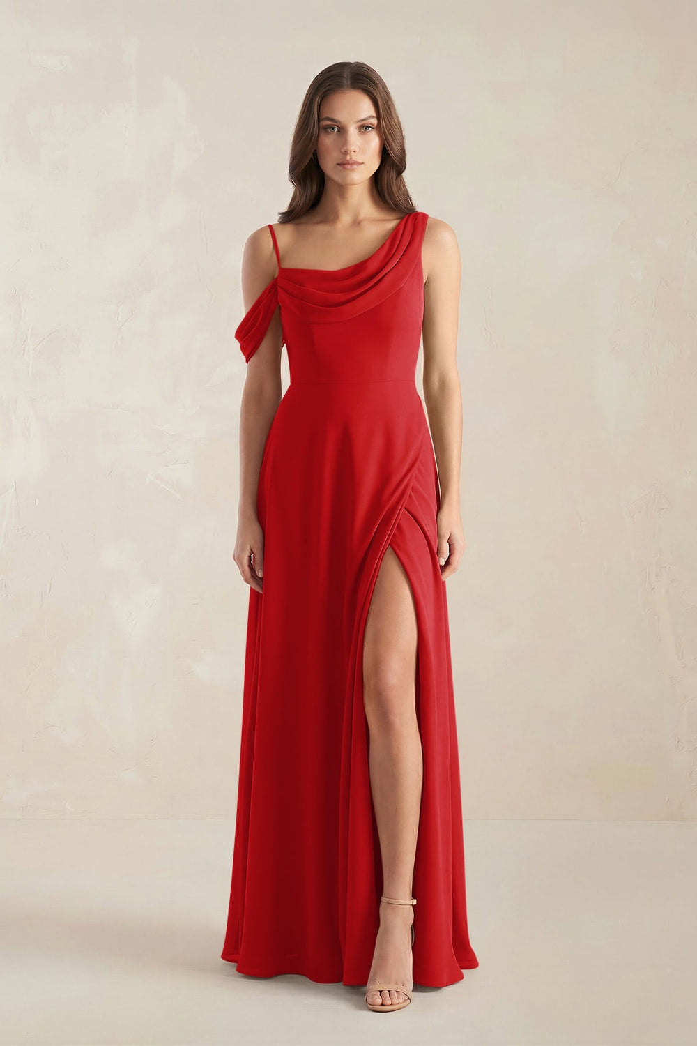 One-Shoulder Chiffon A-Line Bridesmaid Dress in Ruby Red - KissProm BRIDESMAID DRESSES
