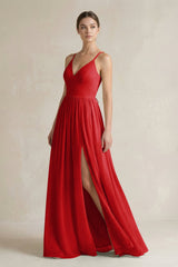 A-Line Spaghetti Strap Chiffon Bridesmaid Dress in Ruby Red - KissProm BRIDESMAID DRESSES