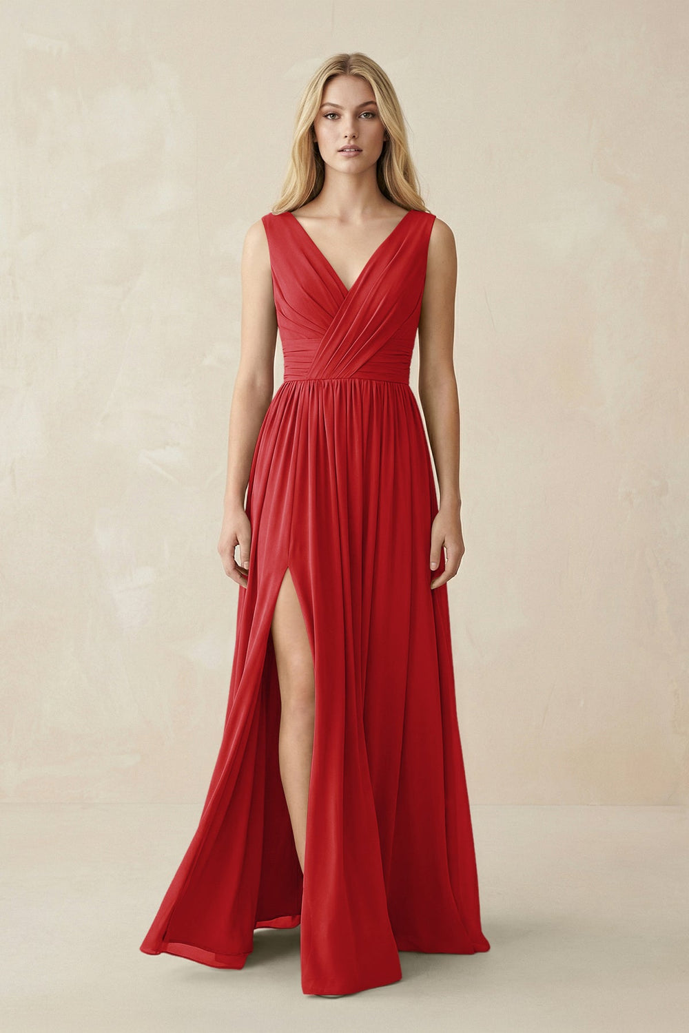 V-Neck Chiffon Pleated A-Line Bridesmaid Dress in Ruby Red - KissProm BRIDESMAID DRESSES