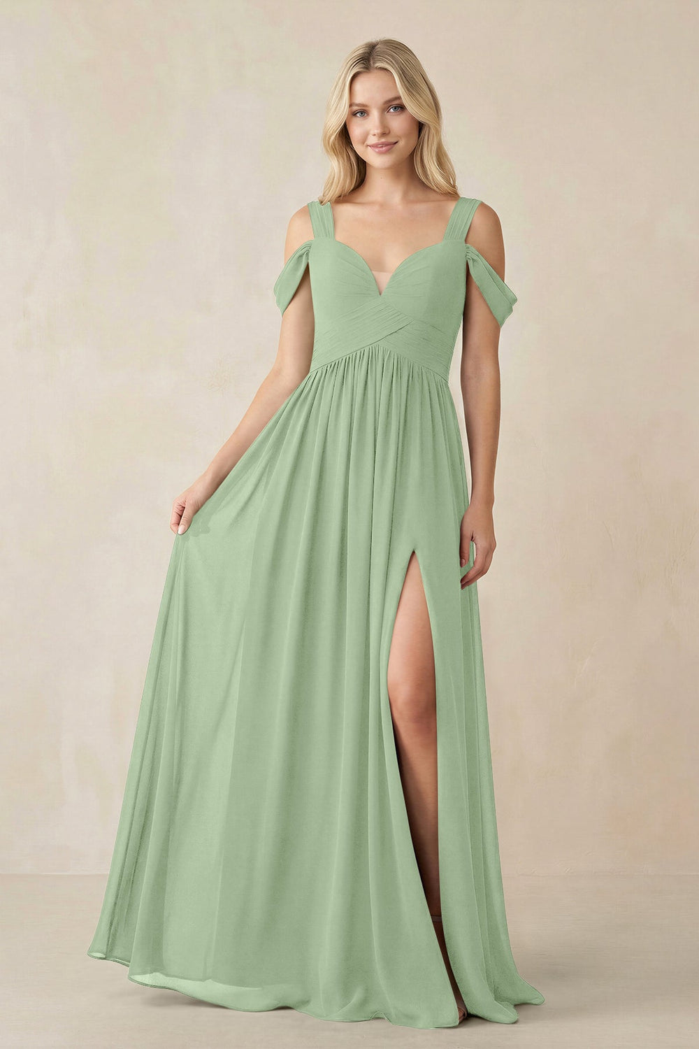 Chiffon A-Line Bridesmaid Dress with Slit  in Sage - KissProm BRIDESMAID DRESSES