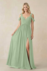 Chiffon A-Line Bridesmaid Dress with Slit  in Sage - KissProm BRIDESMAID DRESSES