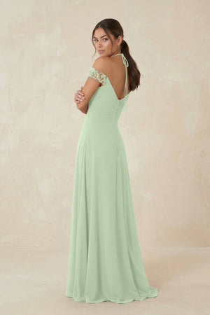 A-Line Off-the-Shoulder Chiffon Bridesmaid Dress in Sage - KissProm BRIDESMAID DRESSES