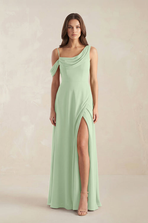 One-Shoulder Chiffon A-Line Bridesmaid Dress in Sage