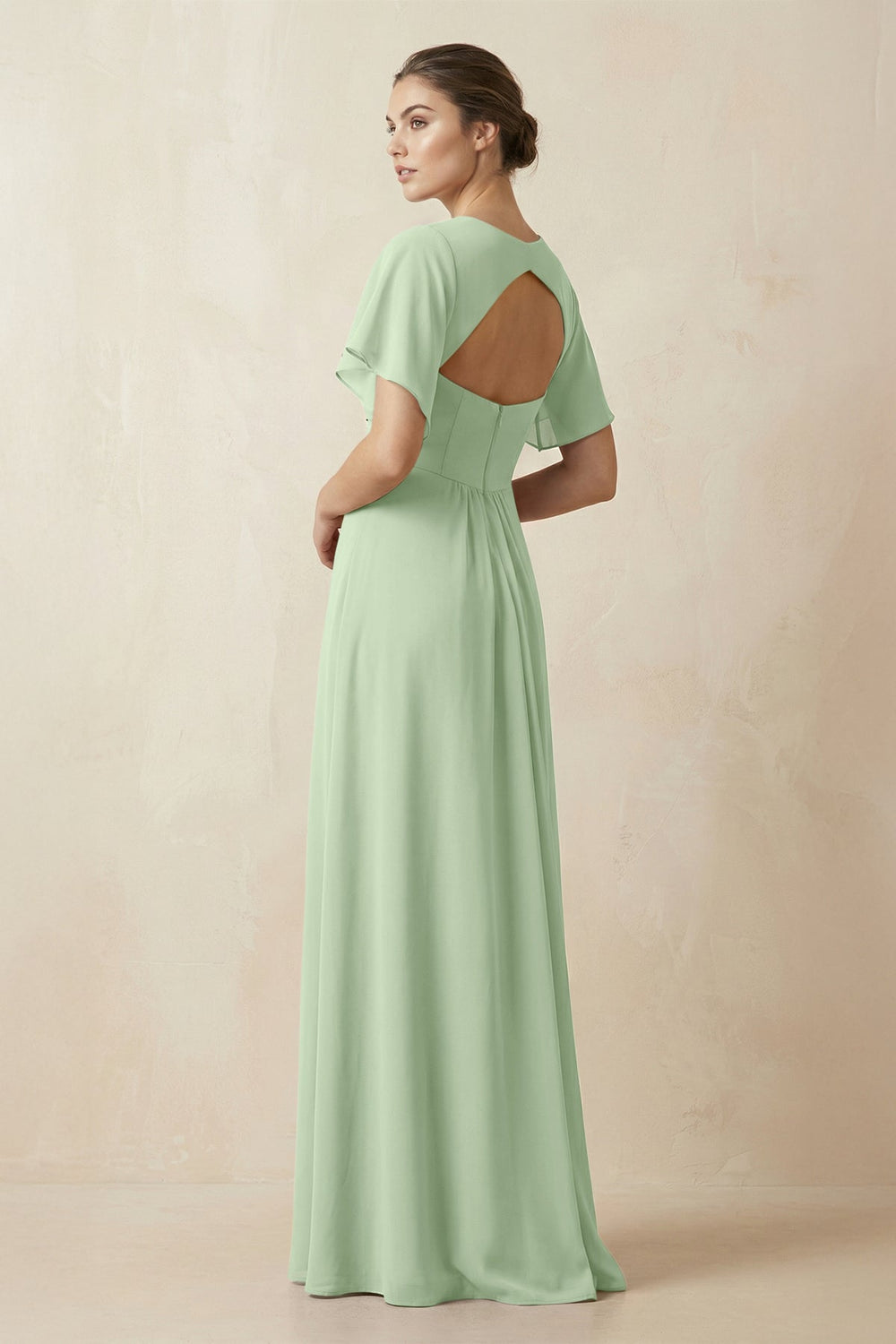 Short Sleeve V-Neck Chiffon A-Line Bridesmaid Dress in Sage - KissProm BRIDESMAID DRESSES