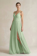 A-Line Spaghetti Strap Chiffon Bridesmaid Dress in Sage - KissProm BRIDESMAID DRESSES