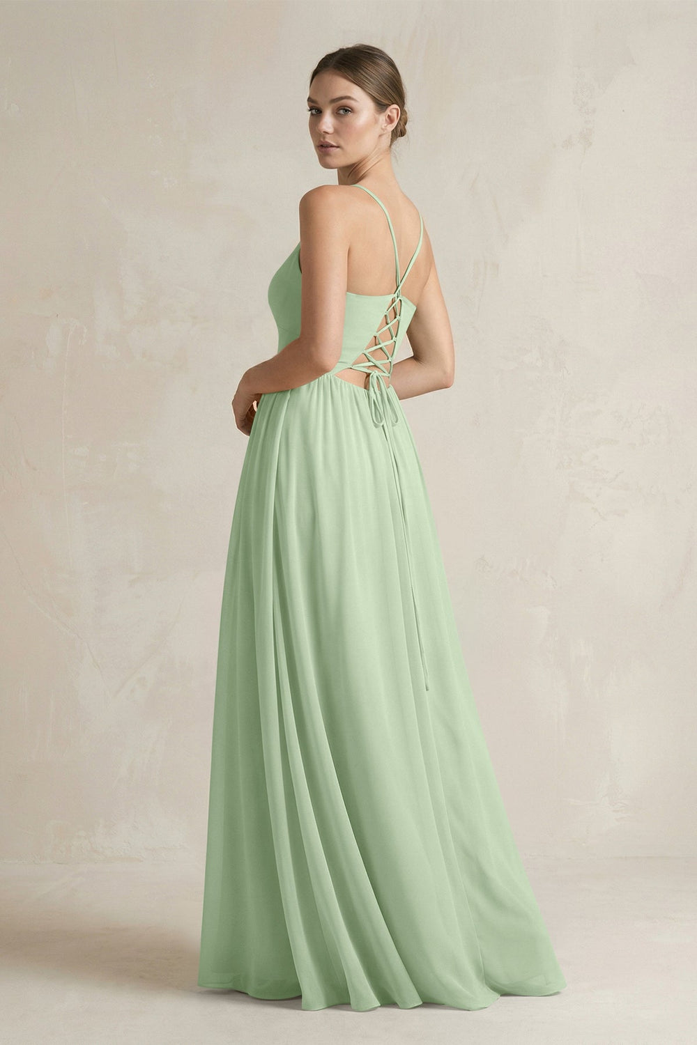 A-Line Spaghetti Strap Chiffon Bridesmaid Dress in Sage - KissProm BRIDESMAID DRESSES