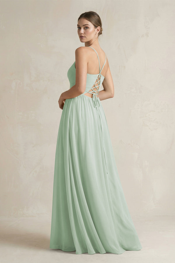 A-Line Spaghetti Strap Chiffon Bridesmaid Dress in Sage - KissProm BRIDESMAID DRESSES