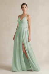 A-Line Spaghetti Strap Chiffon Bridesmaid Dress in Sage - KissProm BRIDESMAID DRESSES