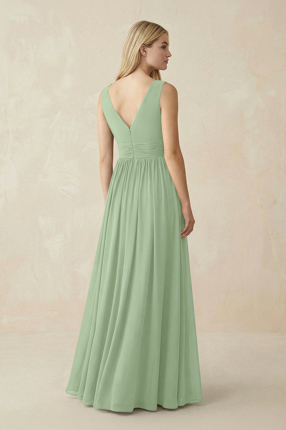 V-Neck Chiffon Pleated A-Line Bridesmaid Dress in Sage - KissProm BRIDESMAID DRESSES