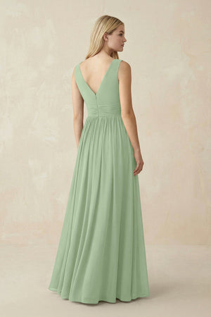 V-Neck Chiffon Pleated A-Line Bridesmaid Dress in Sage - KissProm BRIDESMAID DRESSES