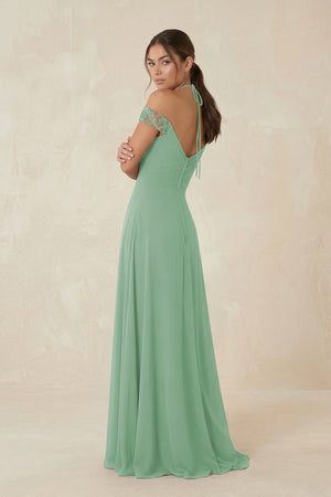 A-Line Off-the-Shoulder Chiffon Bridesmaid Dress in Sea Glass - KissProm BRIDESMAID DRESSES
