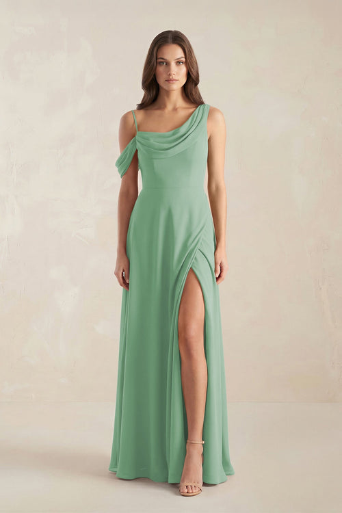 One-Shoulder Chiffon A-Line Bridesmaid Dress in Sea Glass - KissProm BRIDESMAID DRESSES