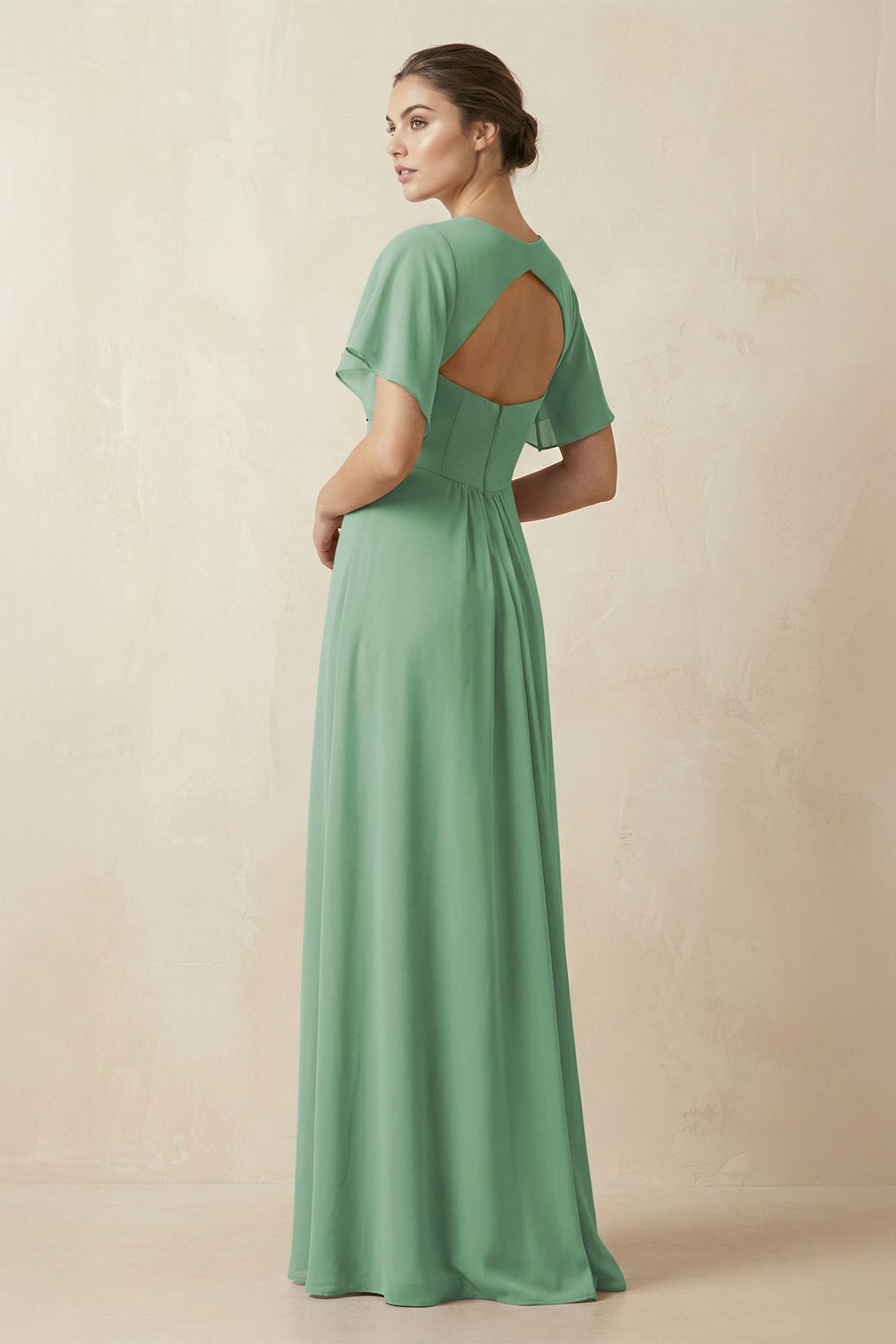 Short Sleeve V-Neck Chiffon A-Line Bridesmaid Dress in Sea Glass - KissProm BRIDESMAID DRESSES