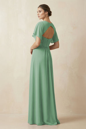 Short Sleeve V-Neck Chiffon A-Line Bridesmaid Dress in Sea Glass - KissProm BRIDESMAID DRESSES