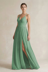 A-Line Spaghetti Strap Chiffon Bridesmaid Dress in Sea Glass - KissProm BRIDESMAID DRESSES
