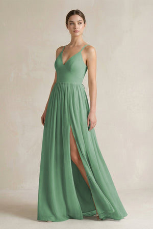 A-Line Spaghetti Strap Chiffon Bridesmaid Dress in Sea Glass - KissProm BRIDESMAID DRESSES