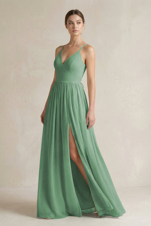 A-Line Spaghetti Strap Chiffon Bridesmaid Dress in Sea Glass - KissProm BRIDESMAID DRESSES