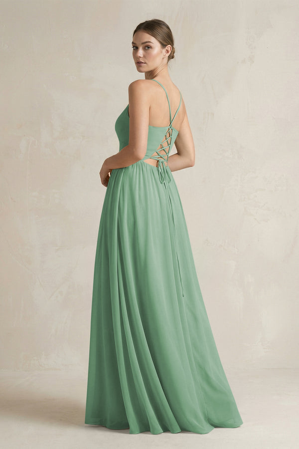 A-Line Spaghetti Strap Chiffon Bridesmaid Dress in Sea Glass - KissProm BRIDESMAID DRESSES