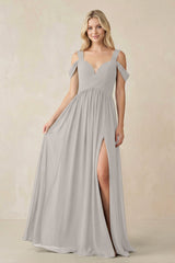 Chiffon A-Line Bridesmaid Dress with Slit  in Silver - KissProm BRIDESMAID DRESSES