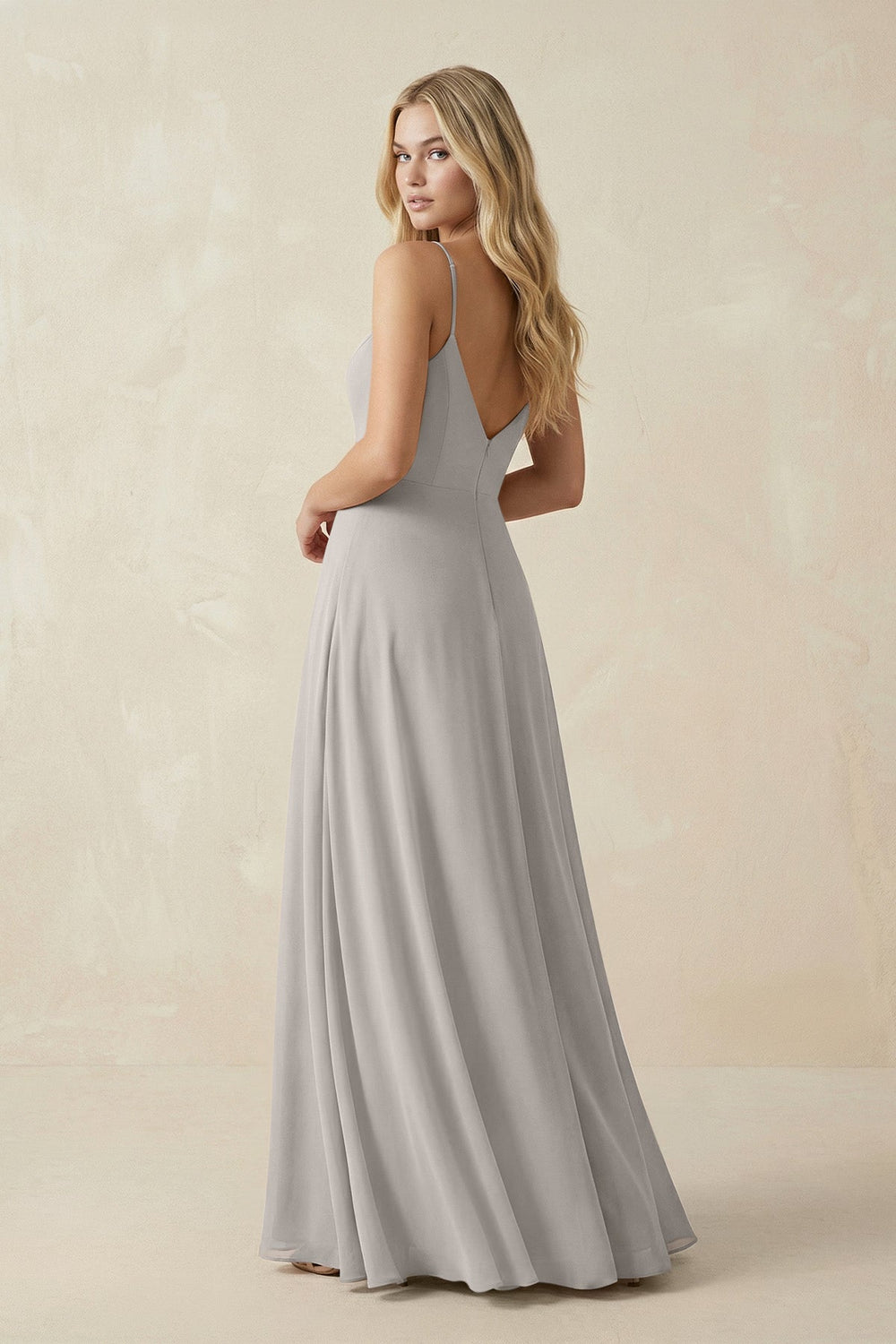 Cami Strap A-Line Chiffon Bridesmaid Dress with Slit in Silver - KissProm BRIDESMAID DRESSES