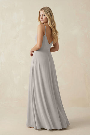 Cami Strap A-Line Chiffon Bridesmaid Dress with Slit in Silver - KissProm BRIDESMAID DRESSES