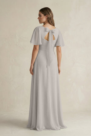 Flutter Sleeve V-Neck A-Line Chiffon Bridesmaid Dress in Silver