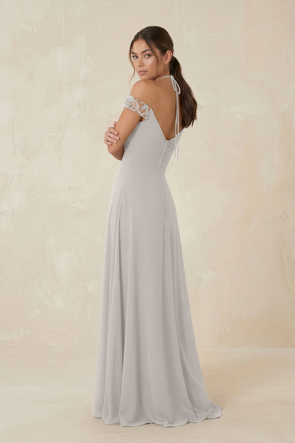 A-Line Off-the-Shoulder Chiffon Bridesmaid Dress in Silver - KissProm BRIDESMAID DRESSES