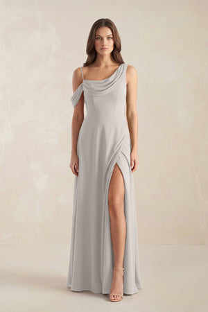 One-Shoulder Chiffon A-Line Bridesmaid Dress in Silver - KissProm BRIDESMAID DRESSES