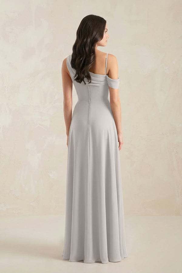 One-Shoulder Chiffon A-Line Bridesmaid Dress in Silver - KissProm BRIDESMAID DRESSES