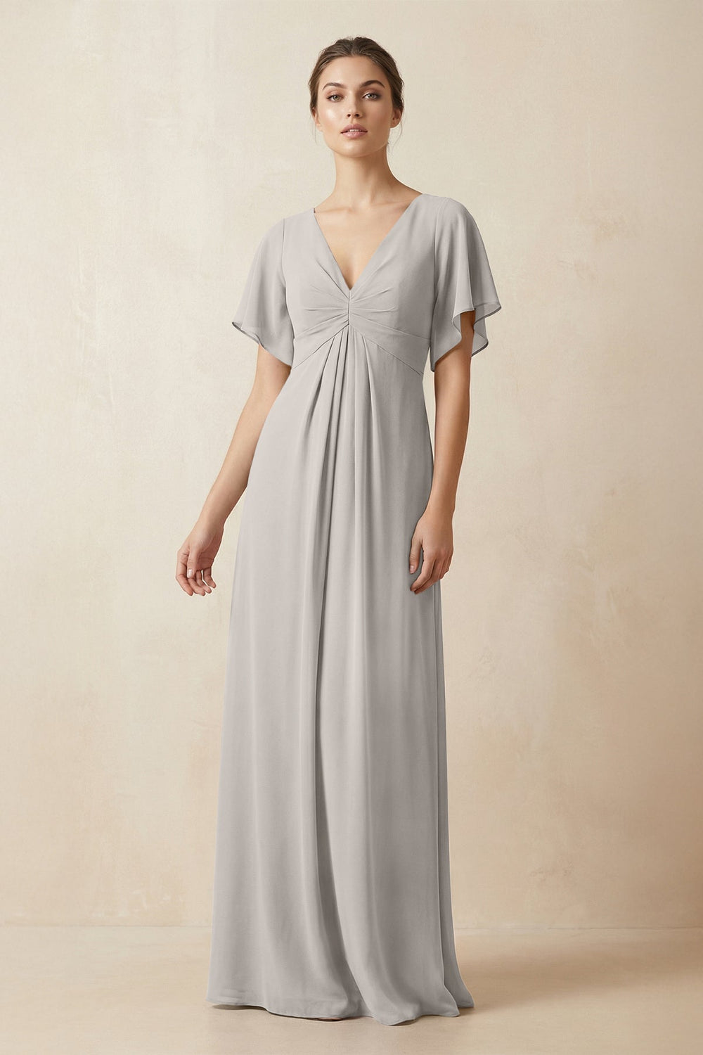 Short Sleeve V-Neck Chiffon A-Line Bridesmaid Dress in Silver - KissProm BRIDESMAID DRESSES