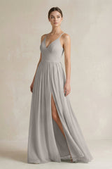 A-Line Spaghetti Strap Chiffon Bridesmaid Dress in Silver - KissProm BRIDESMAID DRESSES