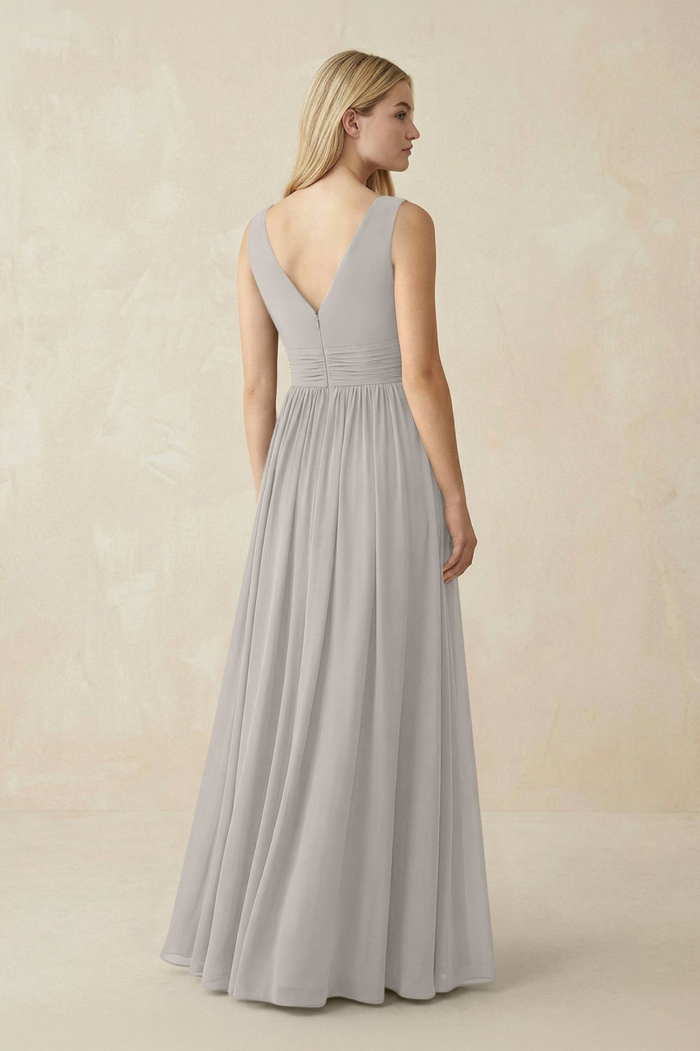 V-Neck Chiffon Pleated A-Line Bridesmaid Dress in Silver - KissProm BRIDESMAID DRESSES