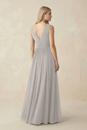 V-Neck Chiffon Pleated A-Line Bridesmaid Dress in Silver - KissProm BRIDESMAID DRESSES
