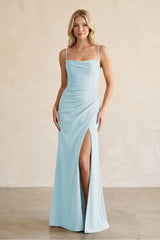 Cami Strap Chiffon Sheath Bridesmaid Dress with Slit in Sky Blue - KissProm BRIDESMAID DRESSES