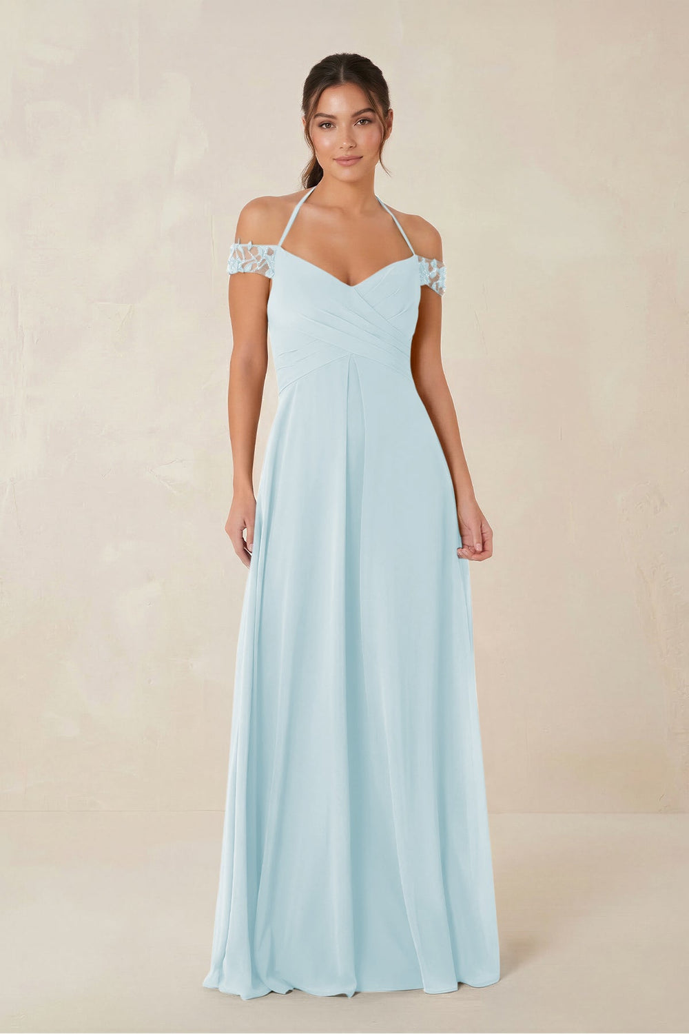 A-Line Off-the-Shoulder Chiffon Bridesmaid Dress in Sky Blue - KissProm BRIDESMAID DRESSES