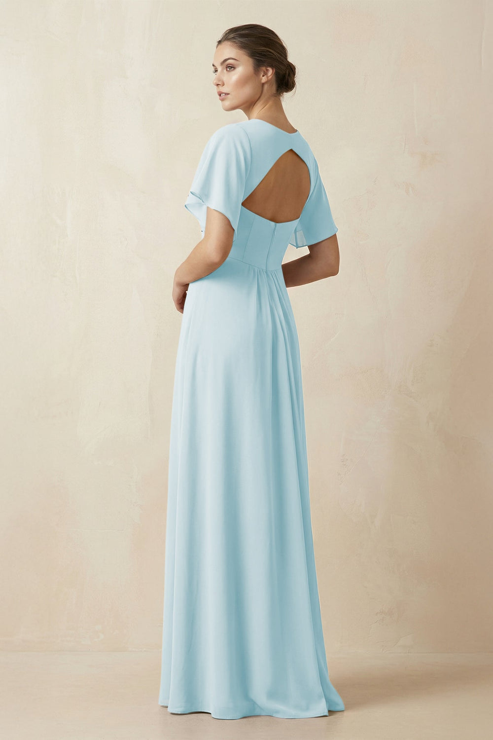 Short Sleeve V-Neck Chiffon A-Line Bridesmaid Dress in Sky Blue - KissProm BRIDESMAID DRESSES