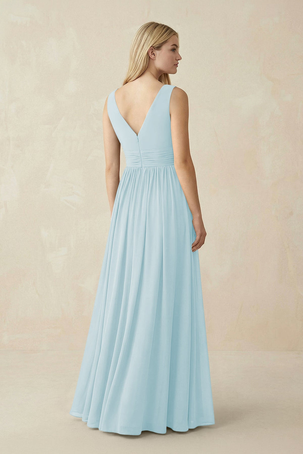 V-Neck Chiffon Pleated A-Line Bridesmaid Dress in Sky Blue - KissProm BRIDESMAID DRESSES