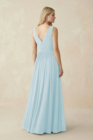 V-Neck Chiffon Pleated A-Line Bridesmaid Dress in Sky Blue - KissProm BRIDESMAID DRESSES