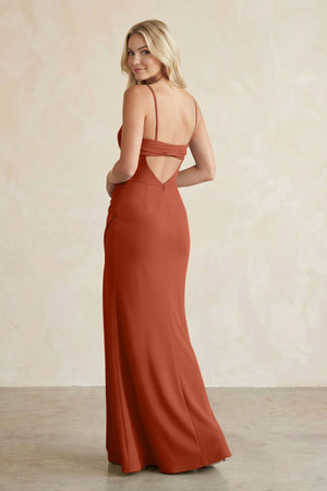 Cami Strap Chiffon Sheath Bridesmaid Dress with Slit in Spice - KissProm BRIDESMAID DRESSES