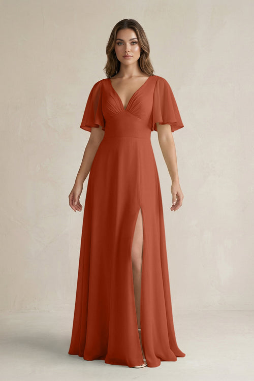 Flutter Sleeve V-Neck A-Line Chiffon Bridesmaid Dress in Spice