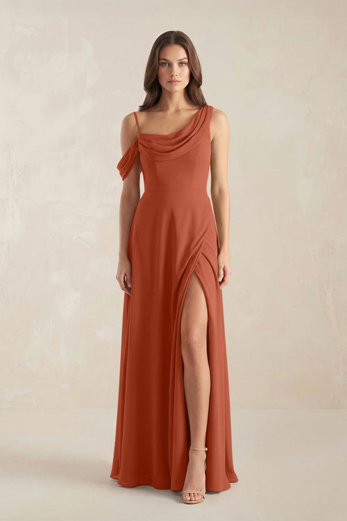 One-Shoulder Chiffon A-Line Bridesmaid Dress in Spice - KissProm BRIDESMAID DRESSES